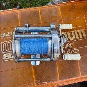 Vintage Fishing Reel with Blue Line